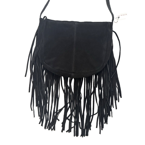 Big Buddha Shoulder Crossbody Bag Black Suede Fringe Gold Beaded Bohemian - NWT - Picture 6 of 14